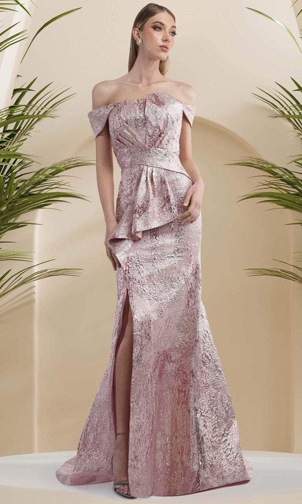 Janique 24982 - Long Mermaid Dress - Dropped Cap Sleeves, Pleated, Form Fitting, Leg Slit, Mid-Open Back, Back Zipper ADASA Janique 24982 - Long Mermaid Dress - Dropped Cap Sleeves, Pleated, Form Fitting, Leg Slit, Mid-Open Back, Back Zipper ADASA