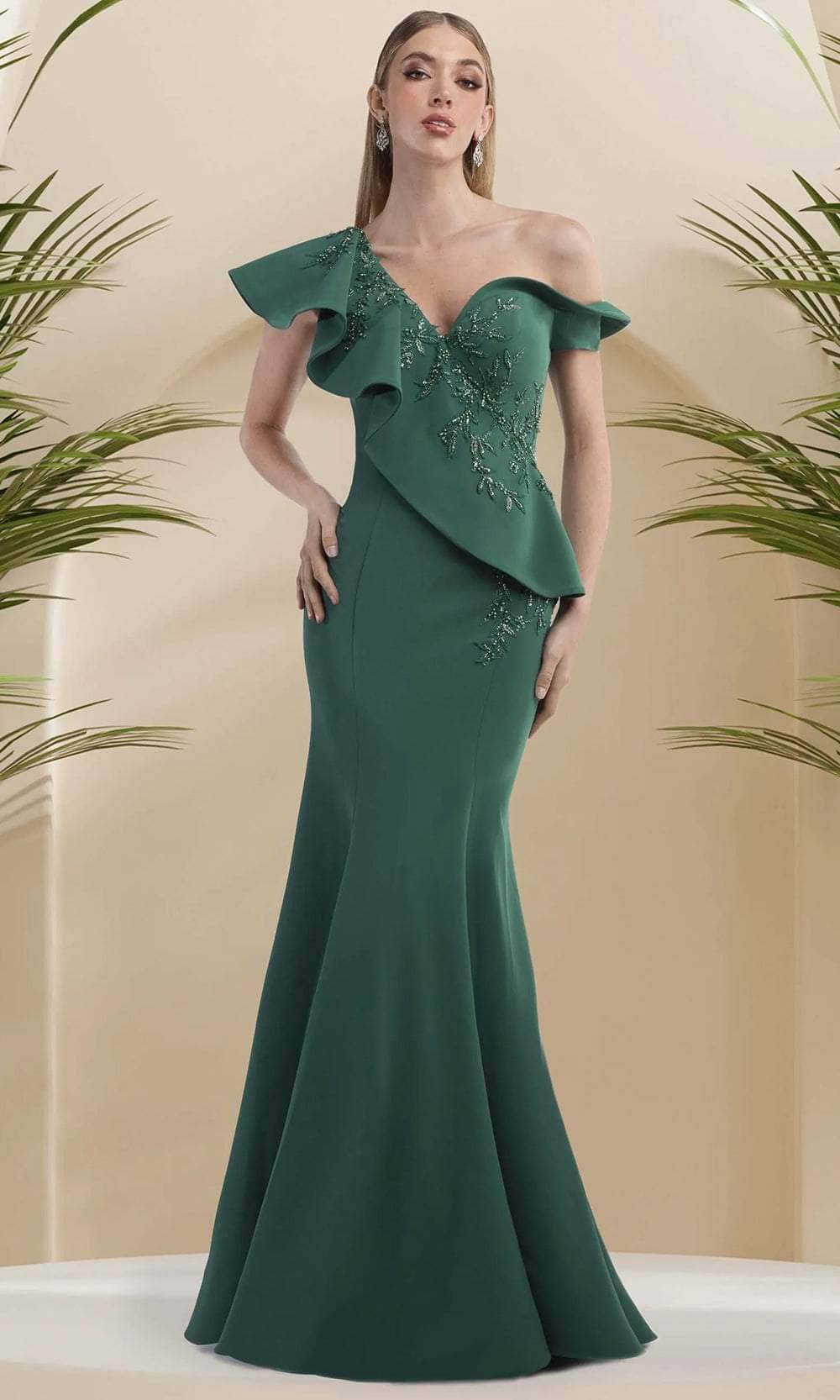 Janique 24986 - Long Mermaid Dress - Asymmetric Bodice, Beaded, Form Fitting, Off-Shoulder, Peplum, Train, Back Zipper Closure 10 / Jade Janique 24986 - Long Mermaid Dress - Asymmetric Bodice, Beaded, Form Fitting, Off-Shoulder, Peplum, Train, Back Zipper Closure 10 / Jade