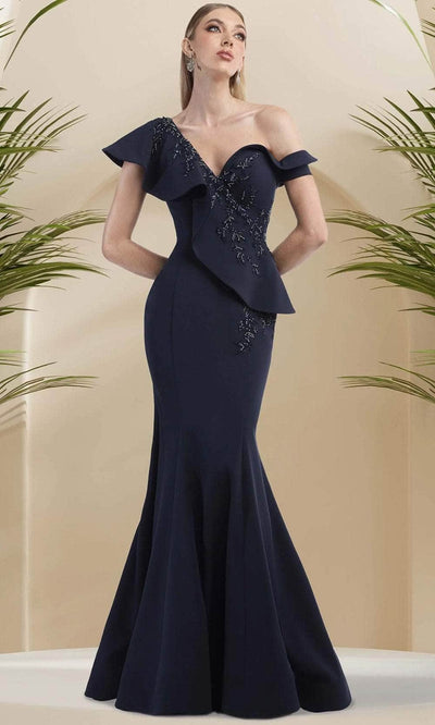 Janique 24986 - Asymmetrical Neck Mermaid Gown Evening Dresses 2 / Navy