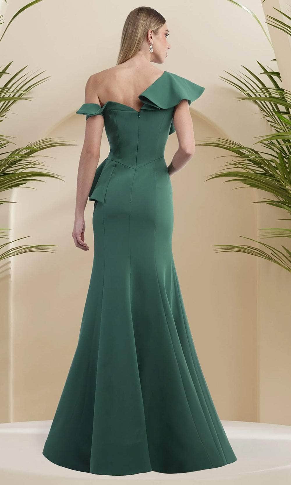 Janique 24986 - Long Mermaid Dress - Asymmetric Bodice, Beaded, Form Fitting, Off-Shoulder, Peplum, Train, Back Zipper Closure 4 / Jade Janique 24986 - Long Mermaid Dress - Asymmetric Bodice, Beaded, Form Fitting, Off-Shoulder, Peplum, Train, Back Zipper Closure 4 / Jade