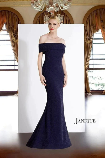 Janique - 2933 Fold-Over Off-Shoulder Prom Gown Evening Dresses 6 / Mercury