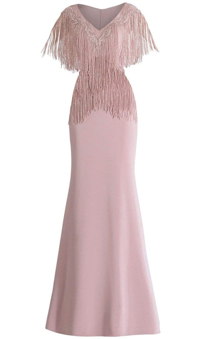 Janique - 85130 Bead Fringed V-Neck Sheath Gown in Mauve Special Occasion Dress 0 / Mauve