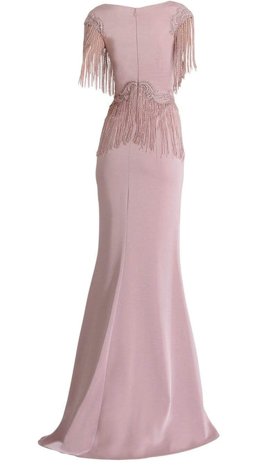 Janique - 85130 Bead Fringed V-Neck Sheath Gown in Mauve Special Occasion Dress