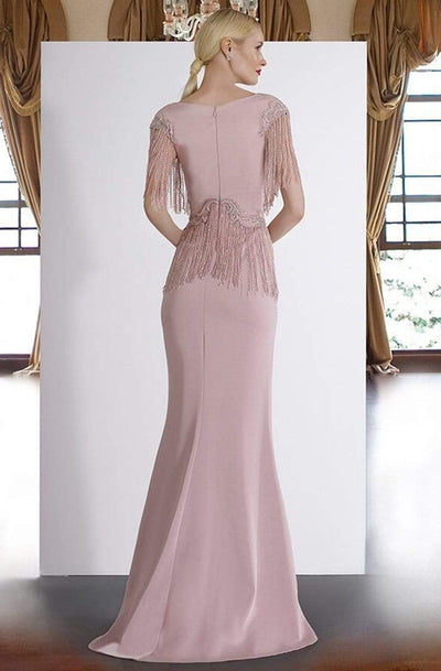 Janique - 85130 Bead Fringed V-Neck Sheath Gown in Mauve Special Occasion Dress