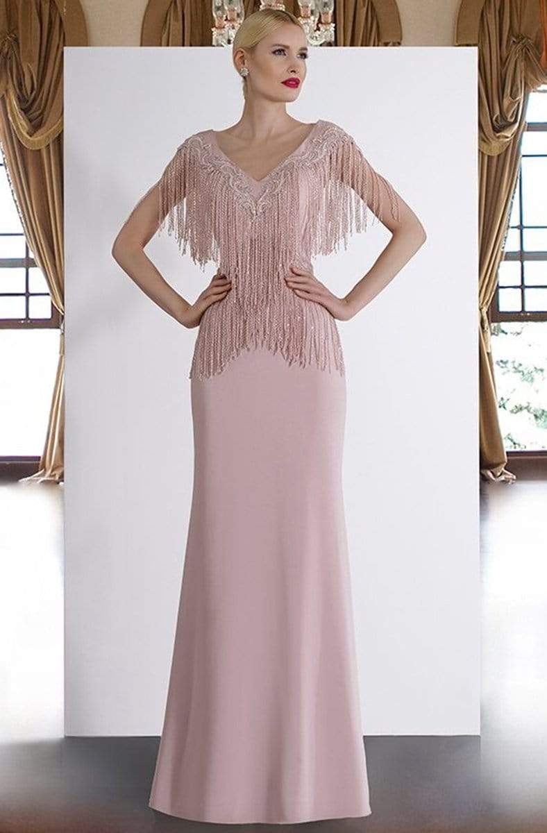 Janique - 85130 Bead Fringed V-Neck Sheath Gown in Mauve Special Occasion Dress