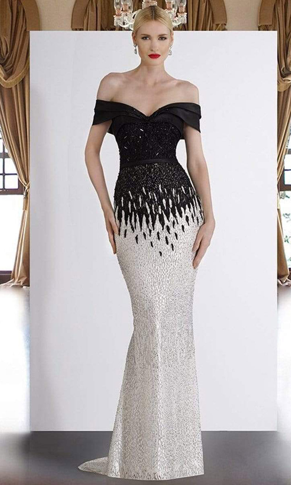 Janique - A18375SC Beaded Two Tone Off Shoulder Long Gown In White and Black