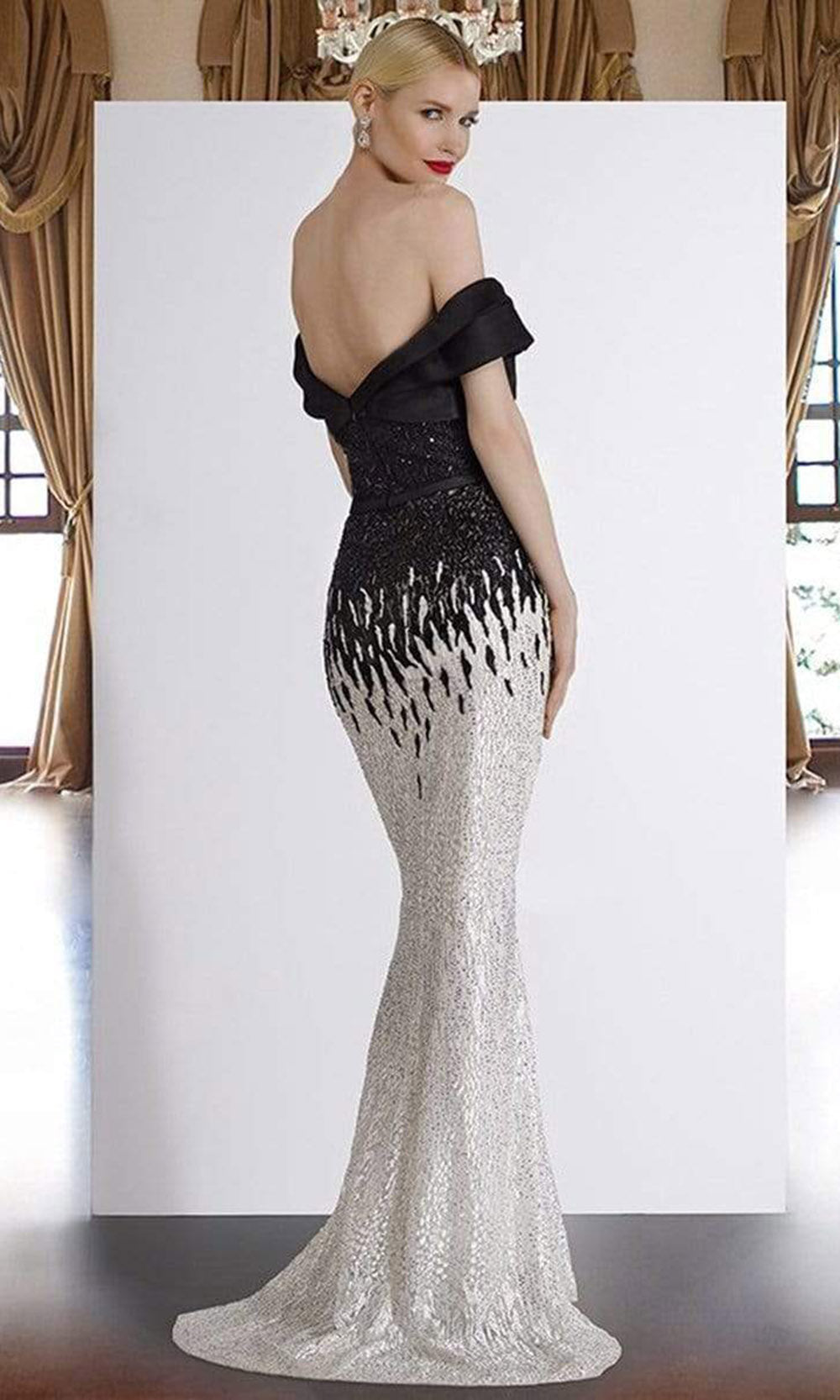 Janique - A18375SC Beaded Two Tone Off Shoulder Long Gown In White and Black
