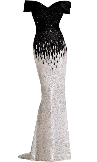 Janique - A18375SC Beaded Two Tone Off Shoulder Long Gown In White and Black