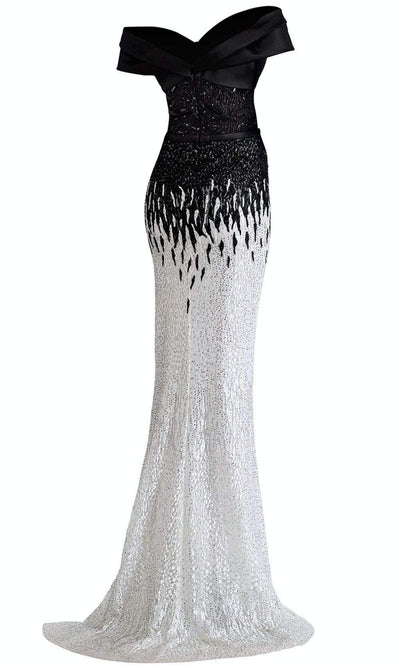 Janique - A18375SC Beaded Two Tone Off Shoulder Long Gown In White and Black