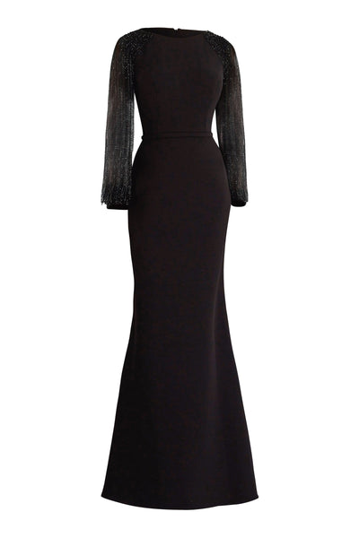 Janique - BSH-001 Bead-Draped Long Sleeve Sheath Gown In Black Special Occasion Dress 0 / Black