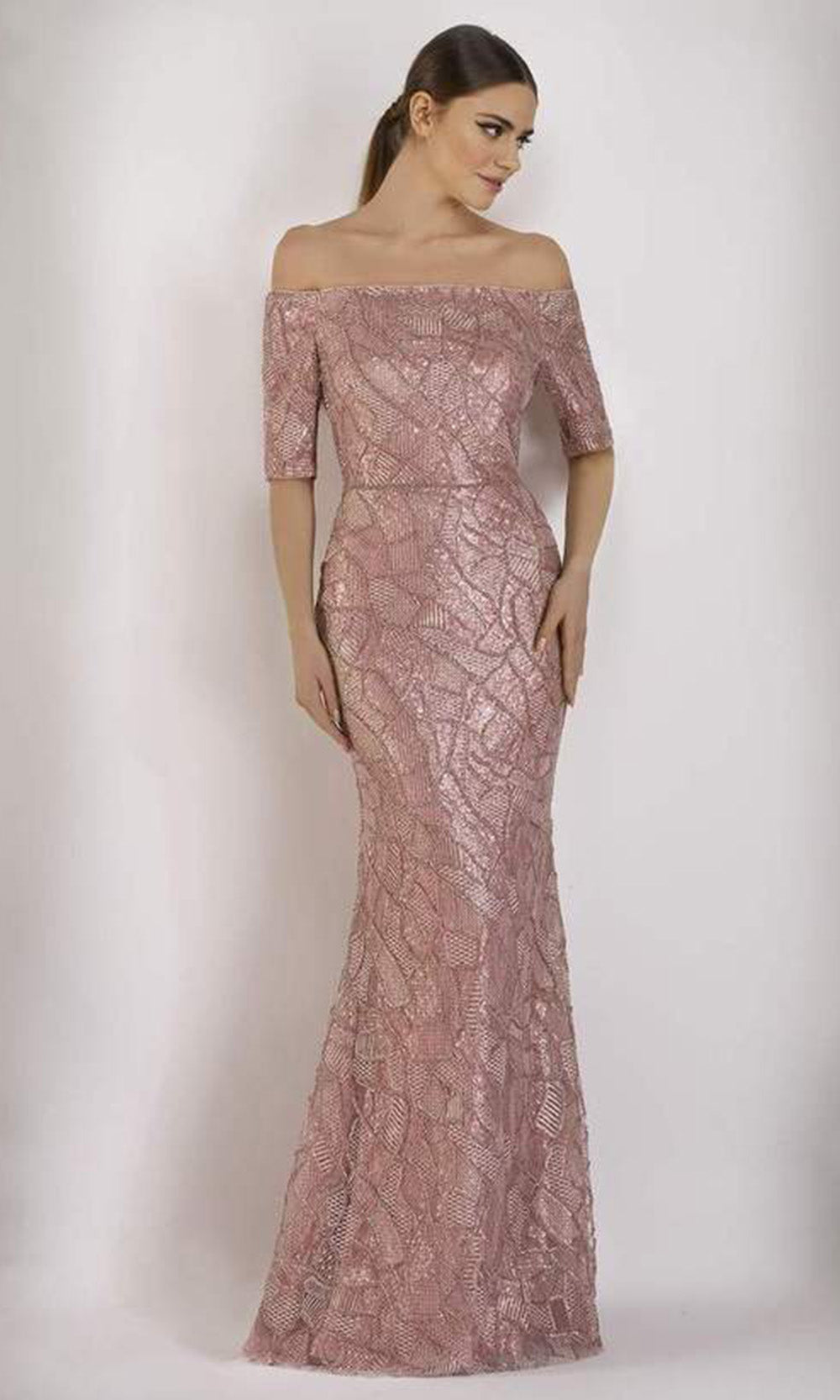 Janique - Embellished Off-Shoulder Trumpet Dress In Pink 