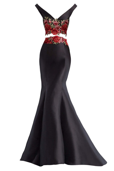 Janique - Embroidered Off-Shoulder Crop Top Trumpet Evening Gown with Court Train JA7004 Special Occasion Dress 0 / Printedtop/Blackskirt