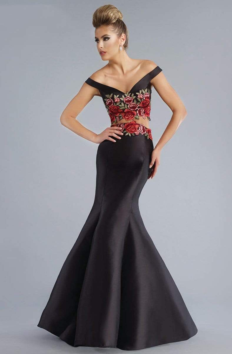 Janique - Embroidered Off-Shoulder Crop Top Trumpet Evening Gown with Court Train JA7004 Special Occasion Dress 0 / Printedtop/Blackskirt