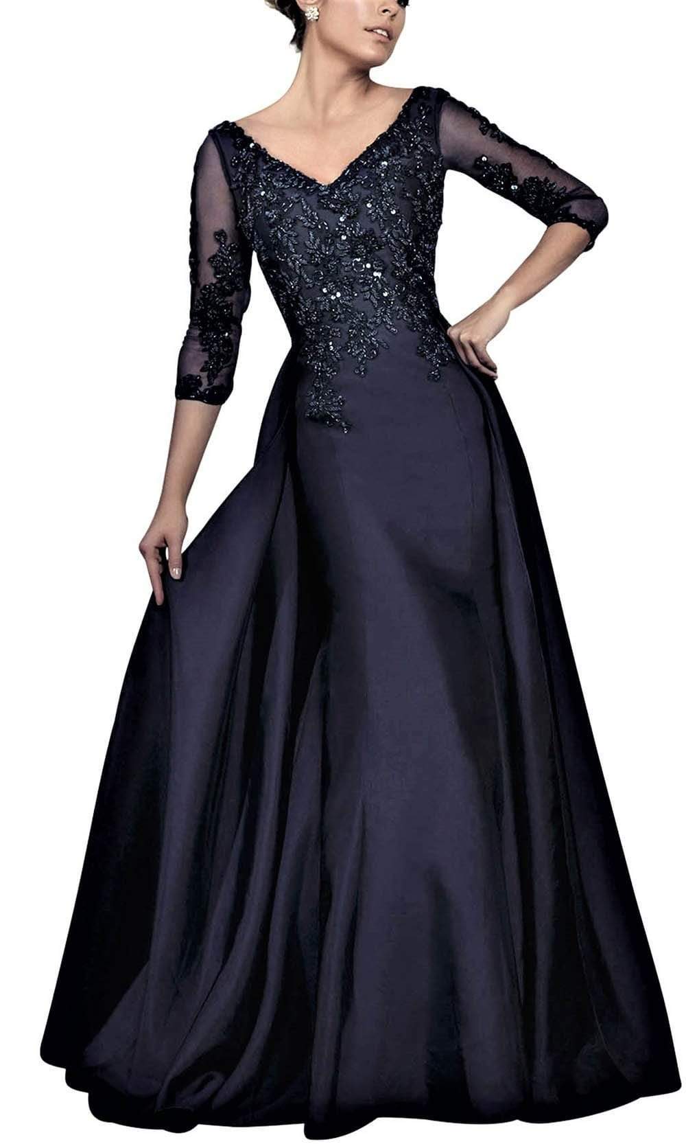 Janique - Embroidered V-Neck Sleeved Long Mermaid Gown JA3009 Special Occasion Dress Navy / 10