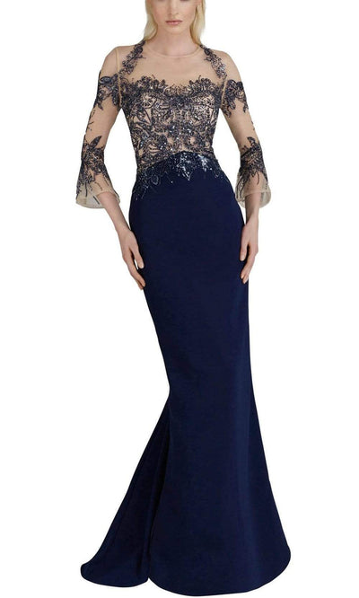 Janique - JA3011 Bedazzled Illusion Jewel Trumpet Dress Special Occasion Dress 0 / Navy
