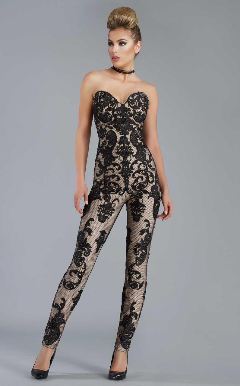 Janique - K6561 Strapless Sweetheart Lace Jumpsuit Special Occasion Dress 0 / Black/Nude