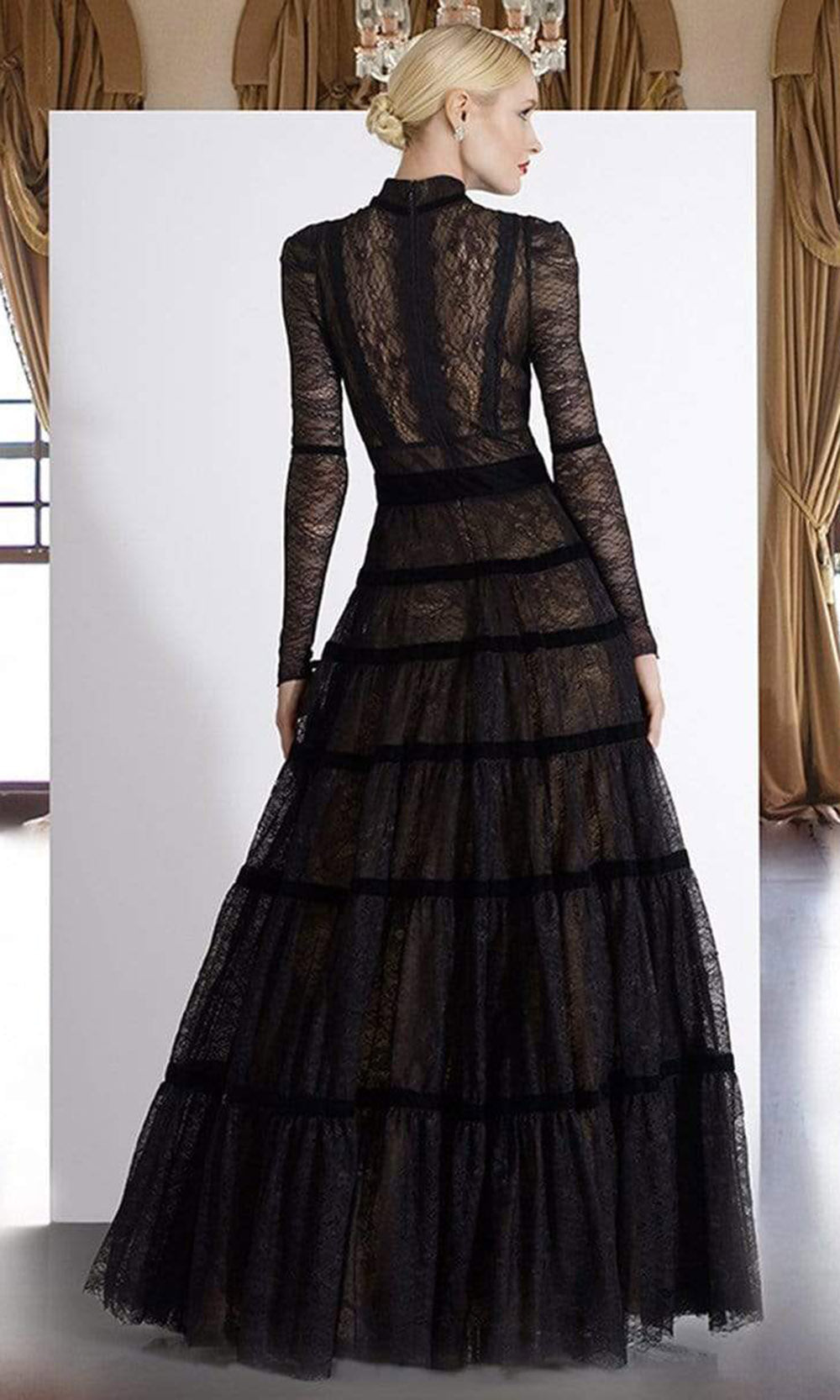 Janique - K7031SC High Neck Lace Pleated Paneled Long Gown In Black