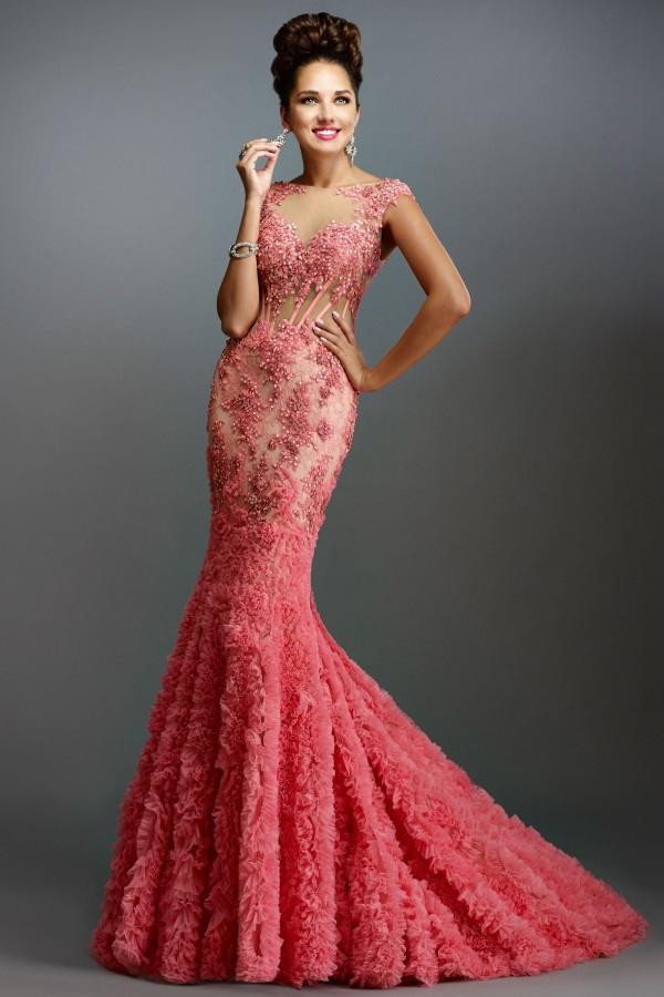 Janique - Lace and Tulle Floral Applique Flare Gown 1514 Special Occasion Dress 0 / CORAL