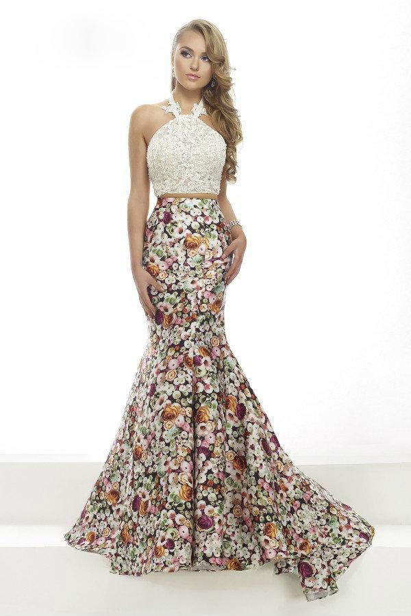 Janique - Lace Halter Trumpet Two-Piece Evening Gown with Floral Prints JA2004 Special Occasion Dress 0 / Ivorytop/Printedskirt