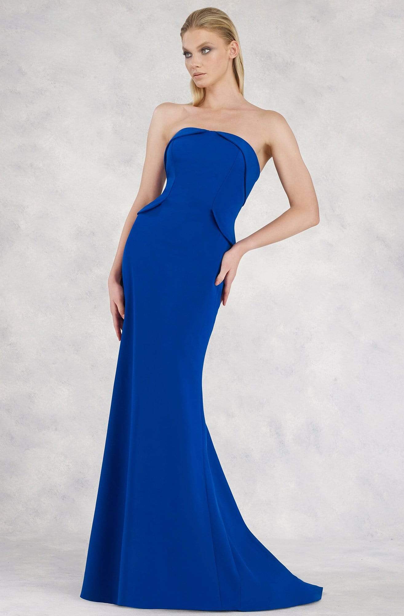 Janique - Strapless Folded Neckline Detail Stretch Crepe Gown With Side Peplum and Sweep Train C1167 Special Occasion Dress 10 / Royal
