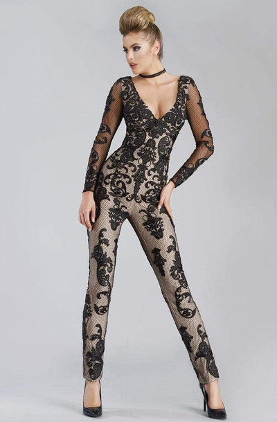 Janique - Tailored V-Neck Lace Overlaid Jumpsuit K6578 Special Occasion Dress 0 / Black/Nude