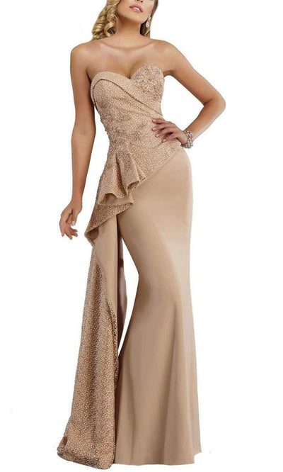 Janique - W1674 Splendid Strapless Assymetrical Peplum Mermaid Gown - 1 pc Champagne In Size 4 Available CCSALE 4 / Champagne