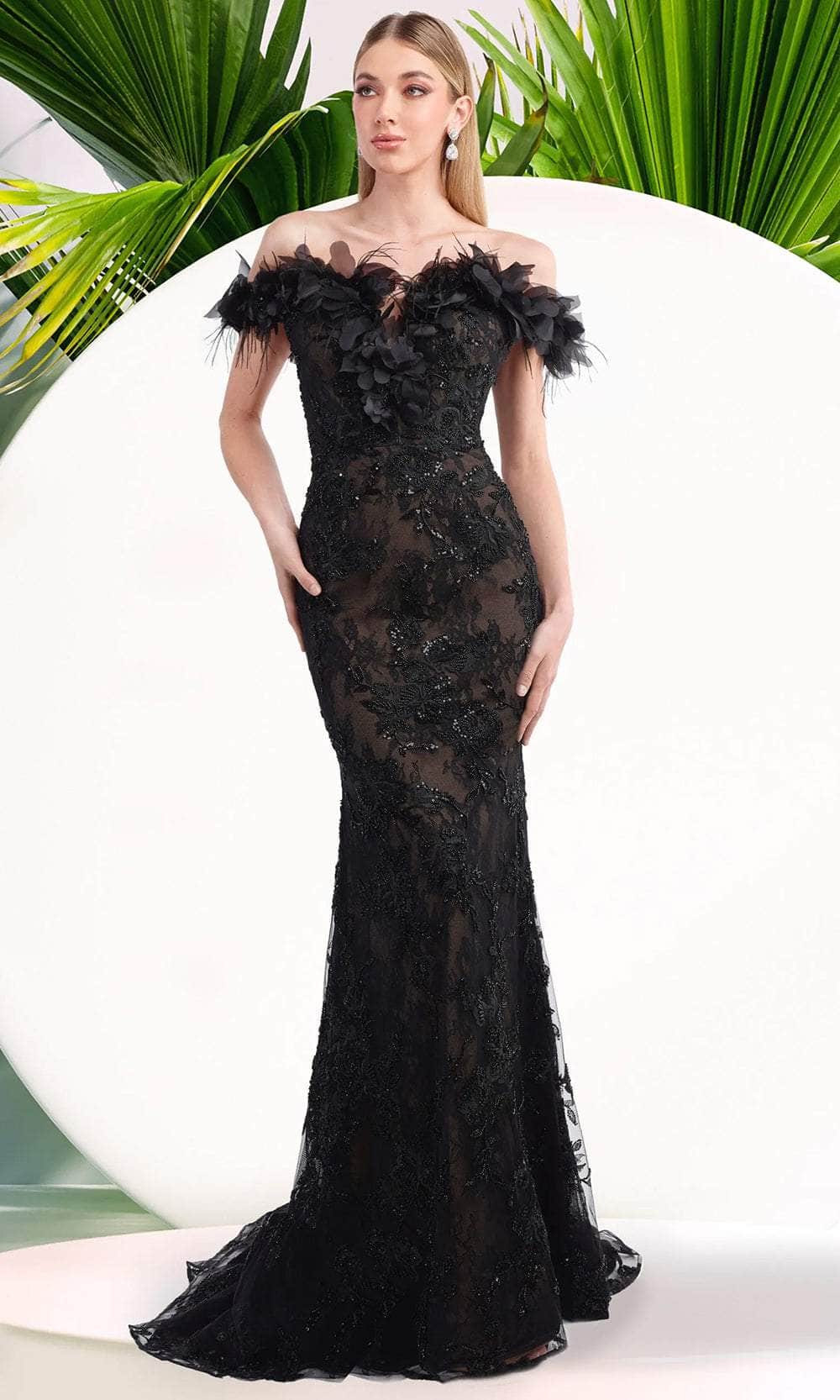Janique W3015 - Beaded Floral Lace Gown Prom Dresses 2 / Black
