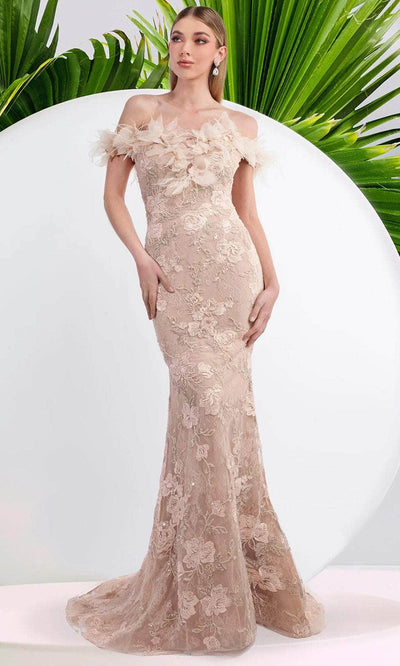 Janique W3015 - Beaded Floral Lace Gown Prom Dresses 2 / Champagne