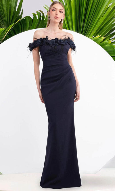 Janique W3016 - Floral Of Shoulder Gown Prom Dresses 2 / Navy