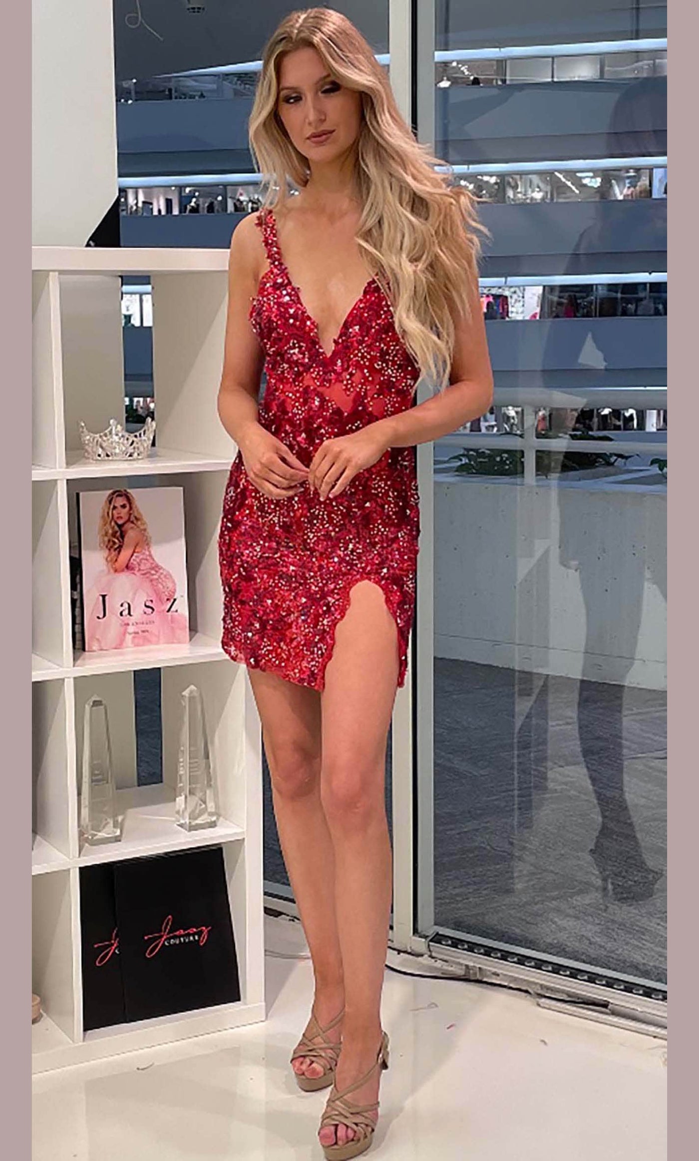 Jasz Couture 1180 - Floral Beaded Sheath Cocktail Dress Special Occasion Dress 000 / Red