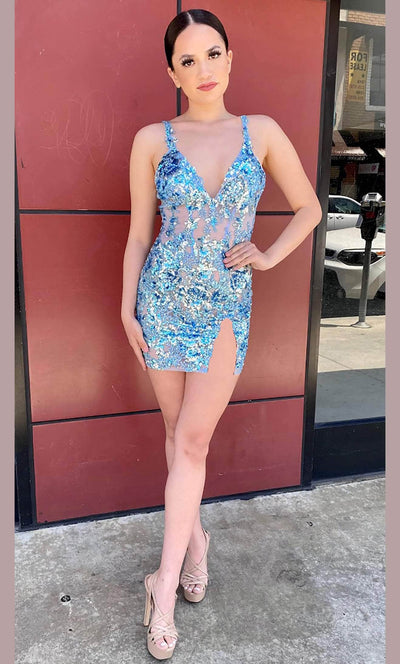 Jasz Couture 1180 - Floral Beaded Sheath Cocktail Dress Special Occasion Dress 000 / Sky Blue
