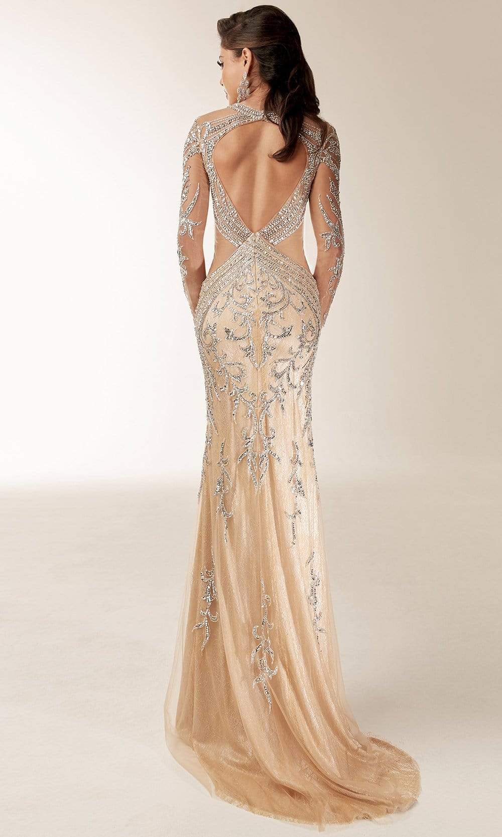 Jasz Couture - Long Sleeve Bejeweled Sheath Gown 6204SC In Neutral