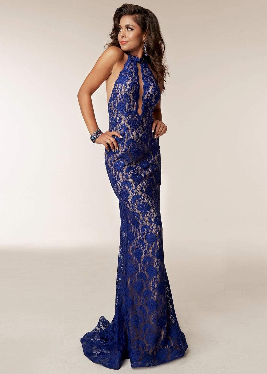 Jasz Couture - 6211 Beaded Lace Halter Sheath Dress Special Occasion Dress 0 / Cobalt