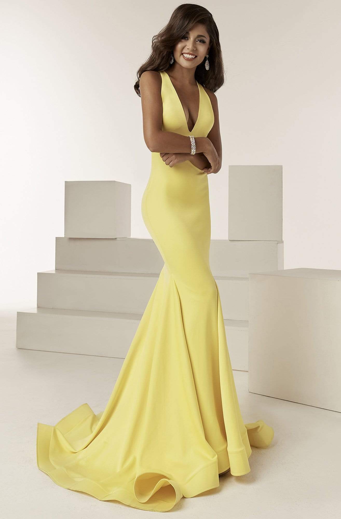 Jasz Couture - 6222 Sleeveless Plunging V-Neck Mermaid Gown Special Occasion Dress 0 / Yellow