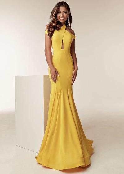 Jasz Couture - 6238 Crisscrossed Bodice High Neck Mermaid Gown Special Occasion Dress 0 / Yellow