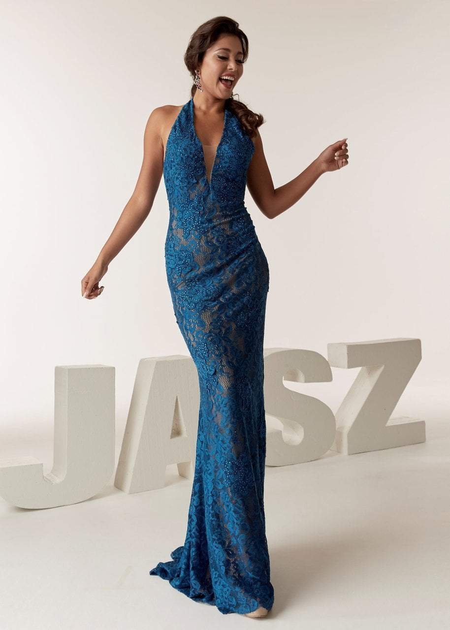 Jasz Couture - 6285 Beaded Halter V-neck Sheath Dress Special Occasion Dress 0 / Peacock