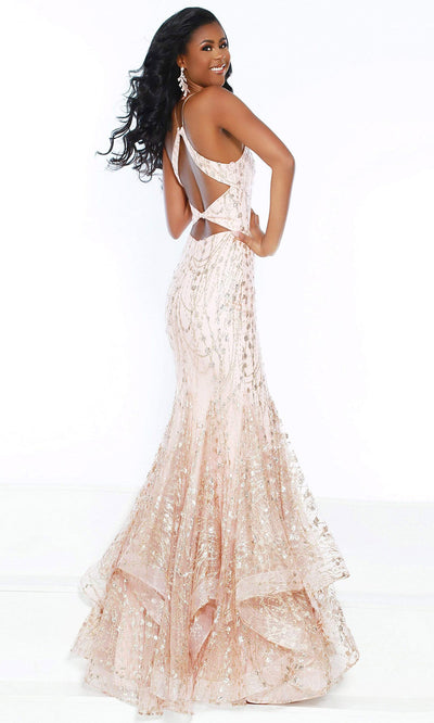 Jasz Couture - Sleeveless Scoop Keyhole Back Sequin Ruffled Dress 6457SC In Pink and Gold