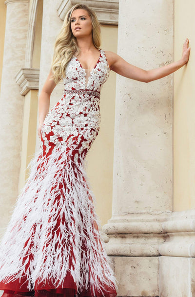 Jasz Couture - 7003 Floral Embroidered Deep V-neck Feathered Dress Prom Dresses 000 / Burgundy/White