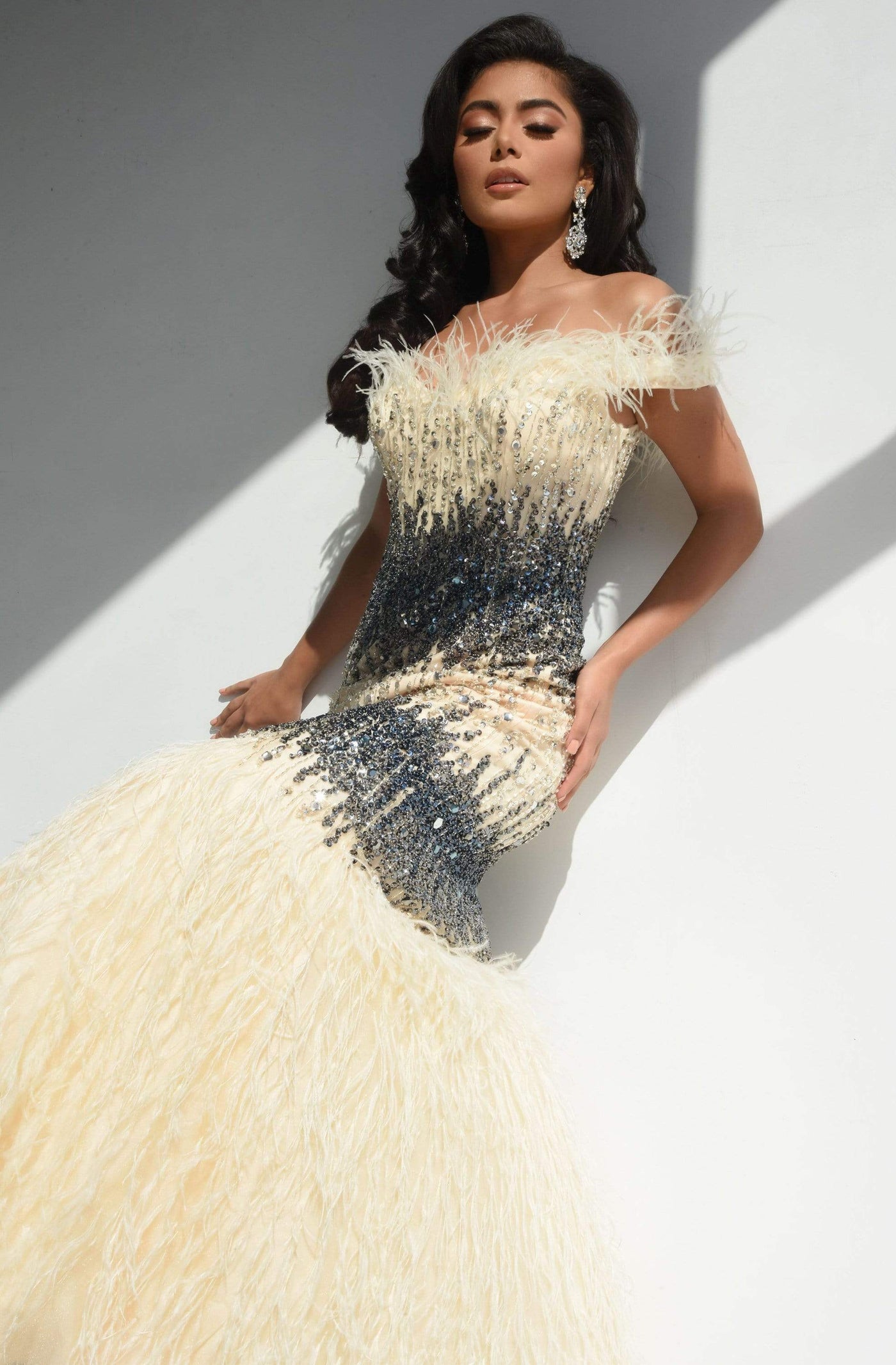 Jasz Couture - 7012 Off Shoulder Feather-Fringed Beaded Gown Prom Dresses