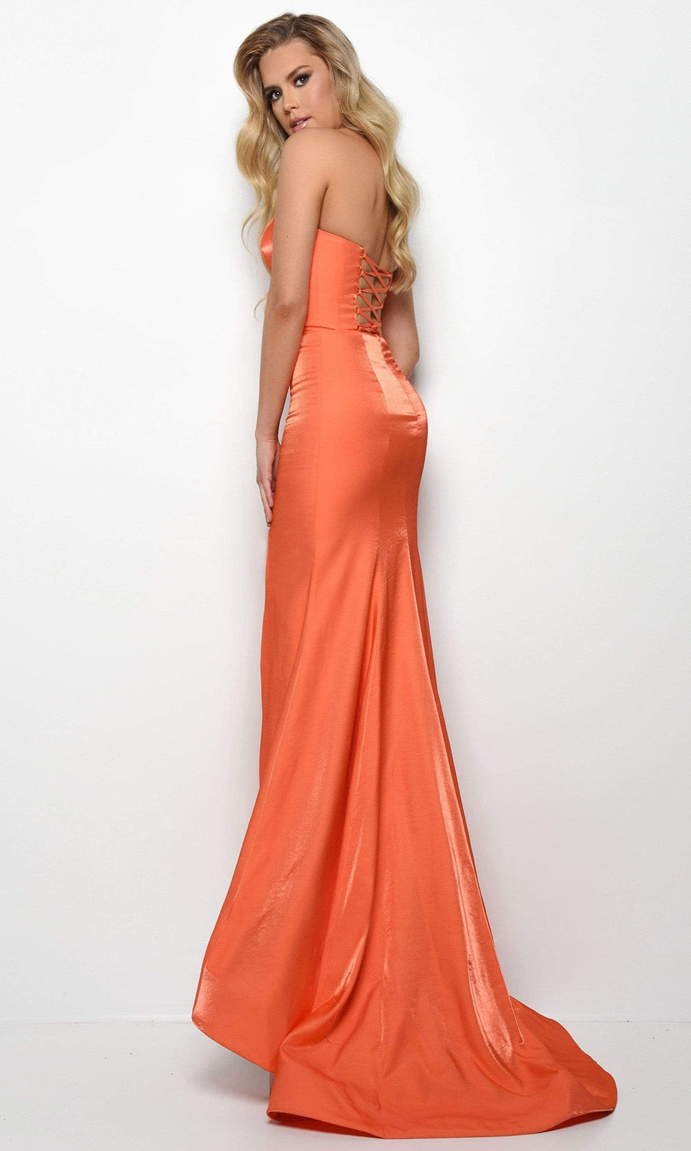 Jasz Couture - 7035SC Straight-Across Neck High Slit Satin Gown In Orange