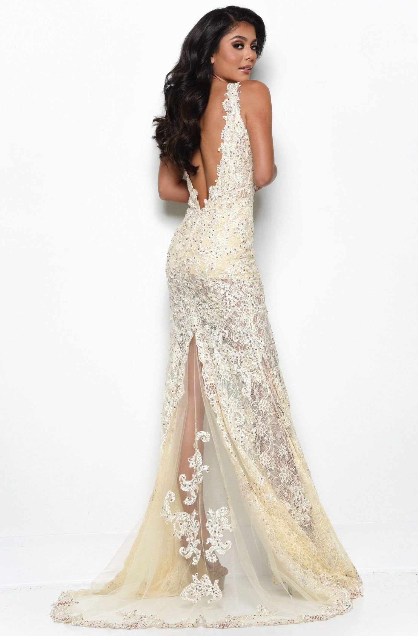 Jasz Couture - 7051 Beaded Lace Dress with Slit Prom Dresses