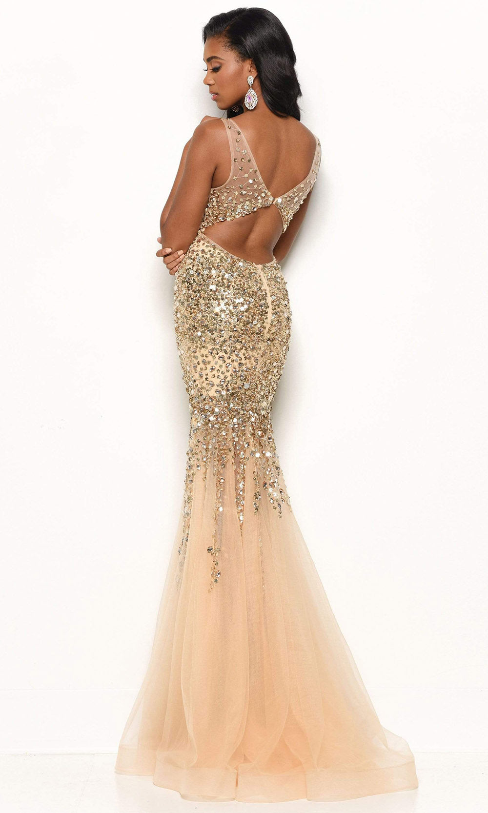 Jasz Couture - 7111SC Sleeveless Deep V-Neck Embellished Evening Gown In Gold