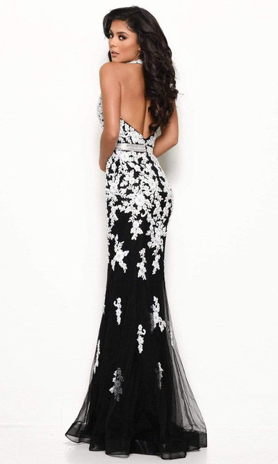 Jasz Couture - Plunging V-Neck Embroidered Gown 7128SC In Back and White