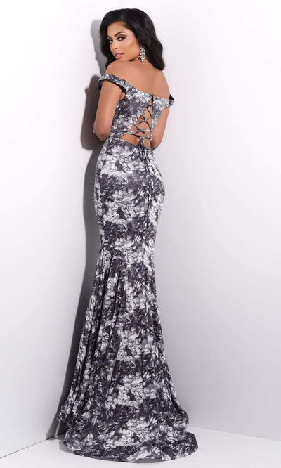 Jasz Couture - 7201 Floral Print Deep Off Shoulder Trumpet Dress Evening Dresses