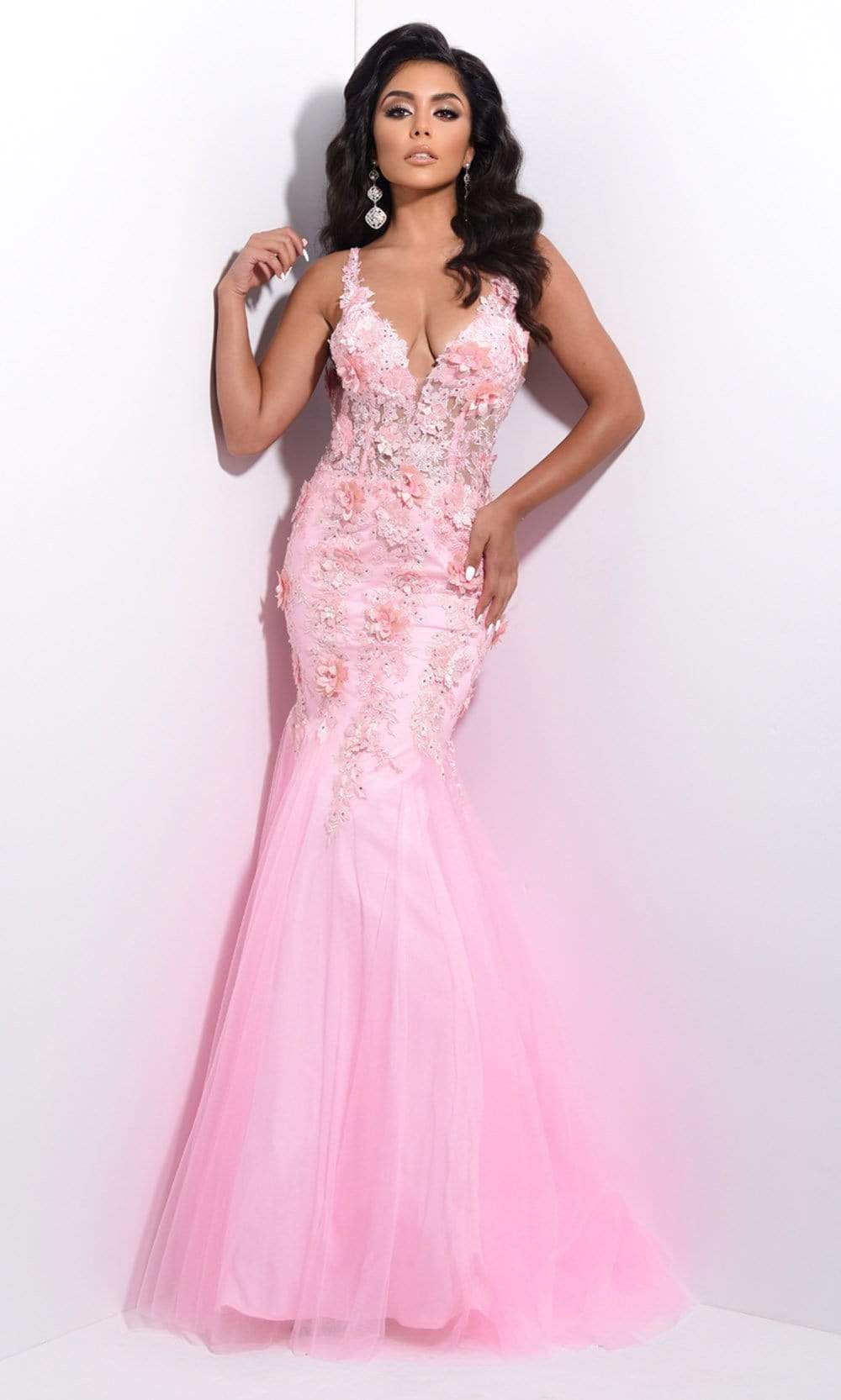 Jasz Couture - 7204 Floral Applique Deep V Neck Mermaid Dress Prom Dresses 000 / Pink