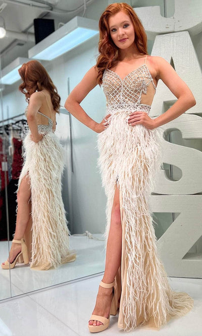 Jasz Couture 7402 - Feathered Skirt Prom Gown Special Occasion Dress 000 / Nude/White
