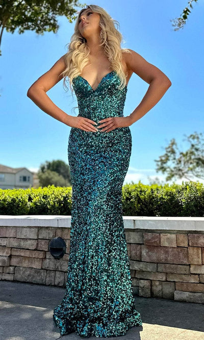Jasz Couture 7410 - Sequin Strapless Evening Dress Special Occasion Dress 000 / Teal