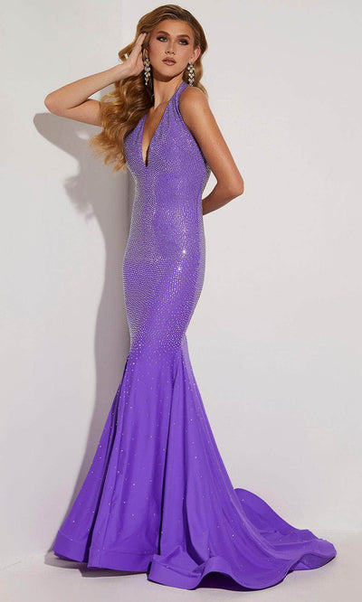 Jasz Couture 7412 - Stone Embellished Halter Prom Dress Special Occasion Dress 000 / Purple