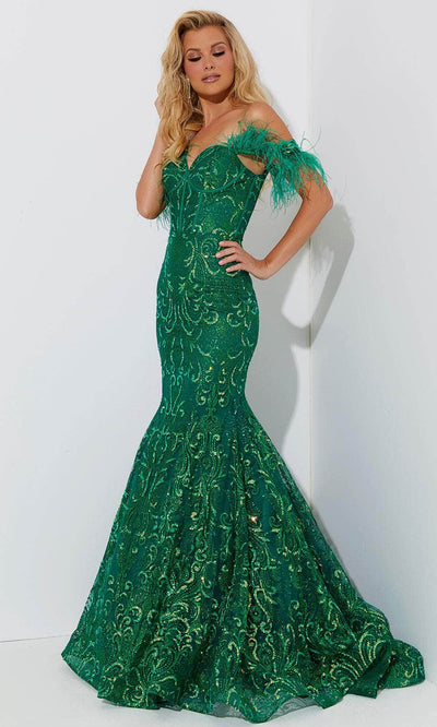 Jasz Couture 7568 - Off-Shoulder Feather Dress Special Occasion Dress 00 / Green
