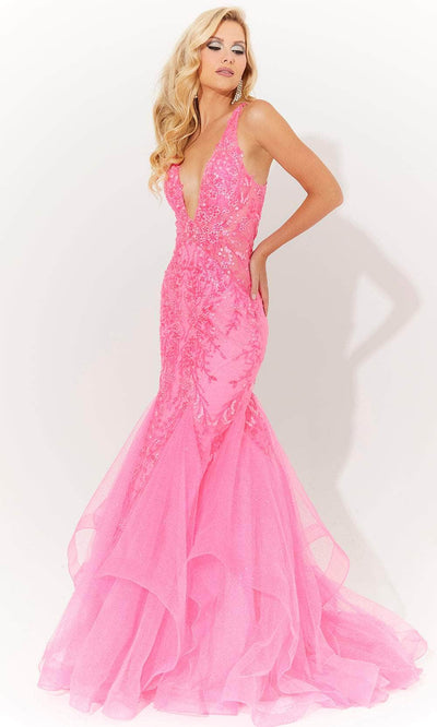 Jasz Couture 7571 - Floral Applique Embellished Sleeveless Dress Special Occasion Dress 00 / Hot Pink